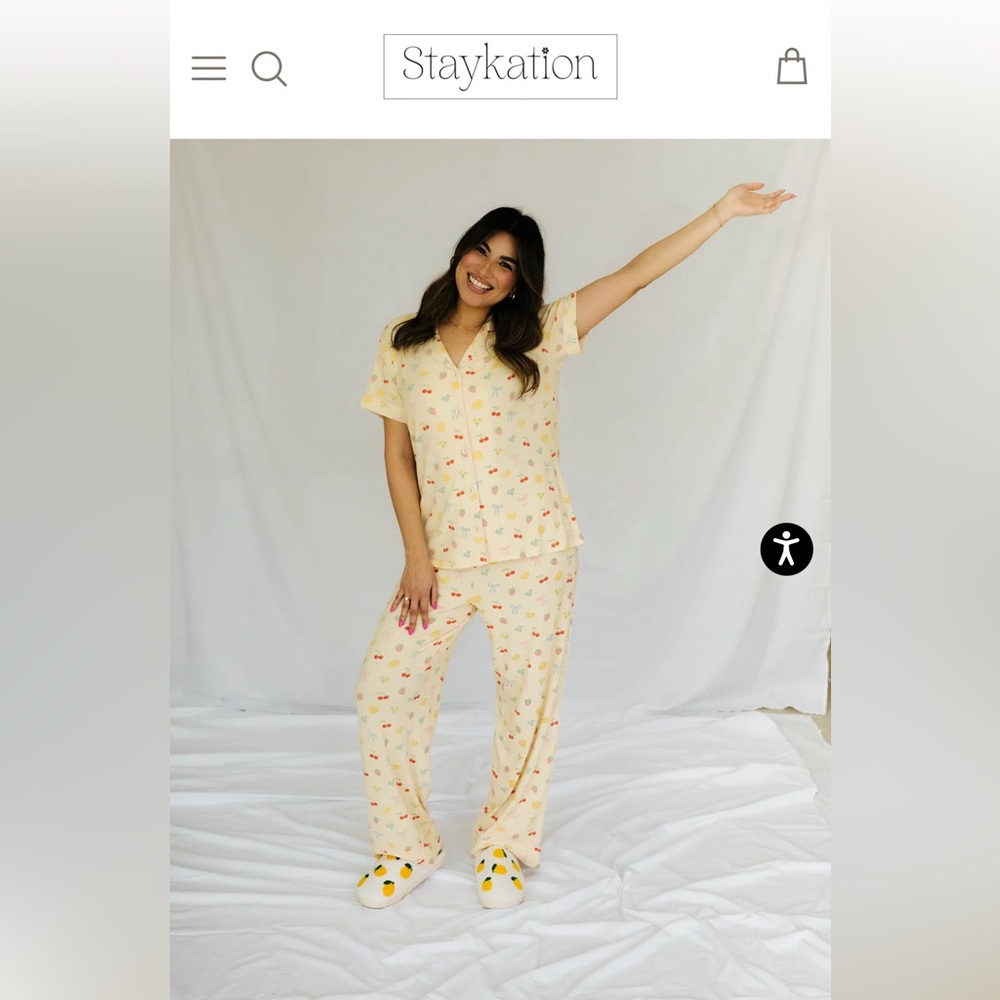 Staykation - Sold Out - Yellow Fruit Ribbed Cropped Pajama Set with Blue bows